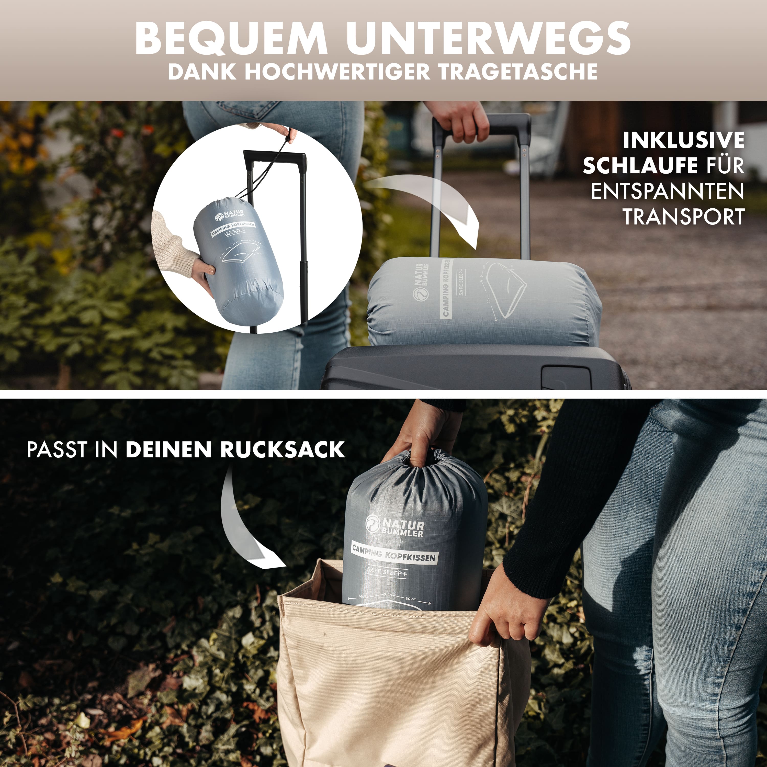 Symbolfoto, dass die Praktikabilität der Tragetasche veranschaulicht, in der sich das Outdoor Kopfkissen verstauen lässt.